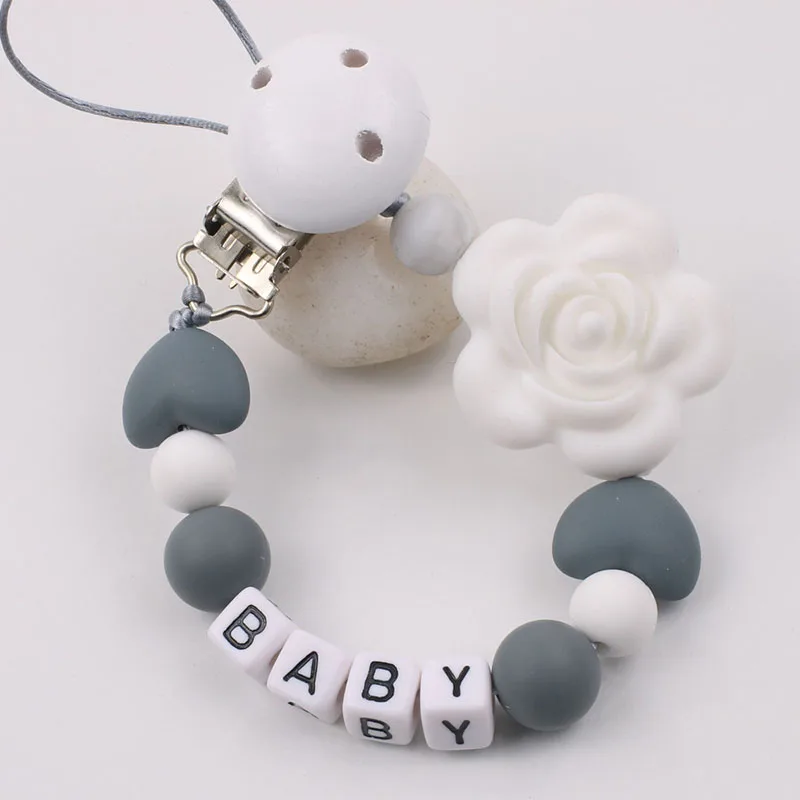 Personalized Name Rose Flower Pacifier Chain DIY Teething Toy Dummy Clips Chupetero Silicona Custom Holder