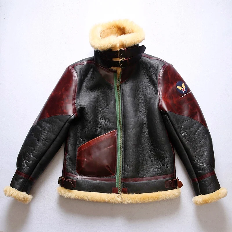 

AVB3 European US Size High Quality Super Warm Genuine Sheep Leather Coat Mens Big B3 Shearling Bomber Military Fur Jacket