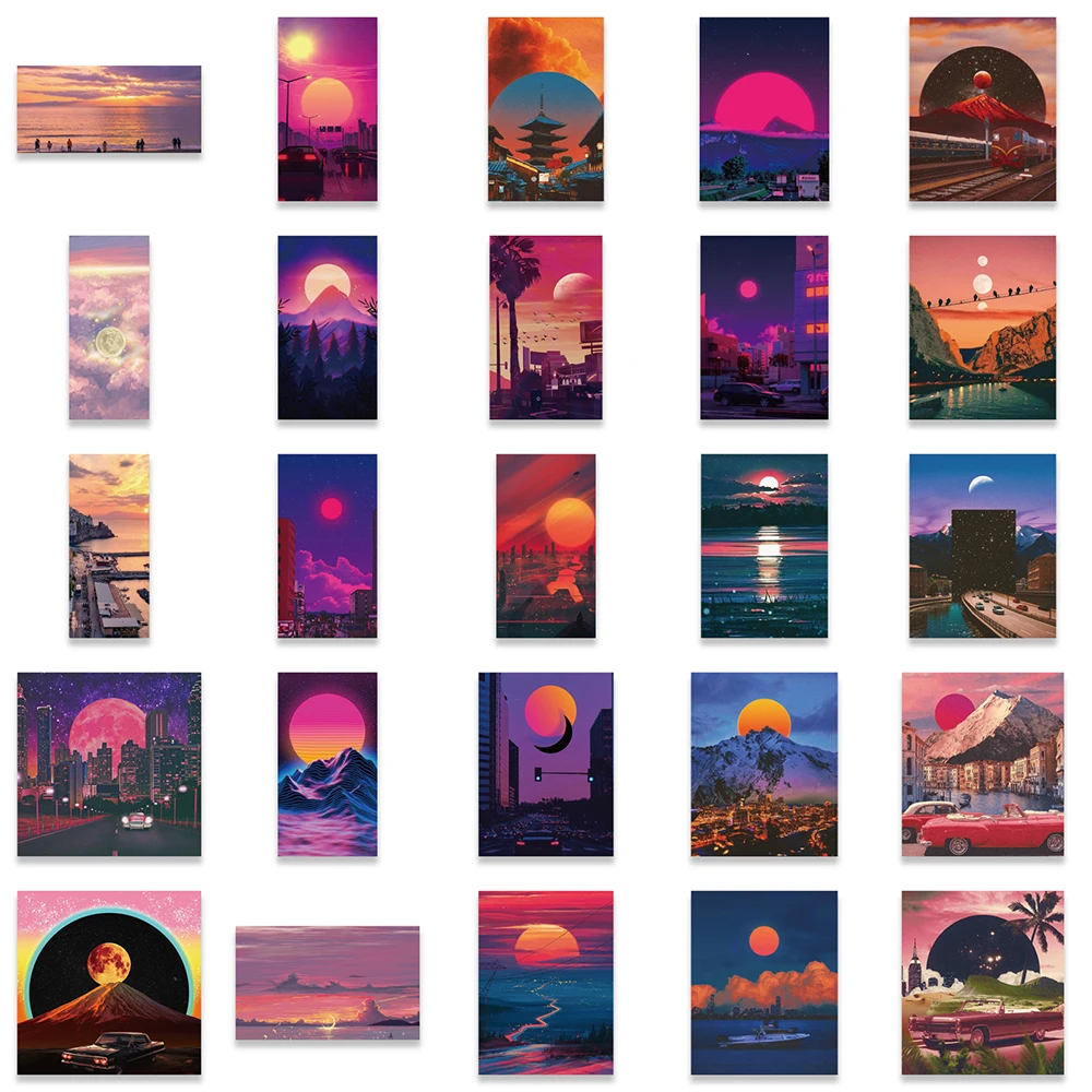 10/30/50pcs Sunset Aesthetic Stickers Ins Style Decals Illustration Decorative Scrapbook Phone Laptop Guitar Car Wall Kids Toy