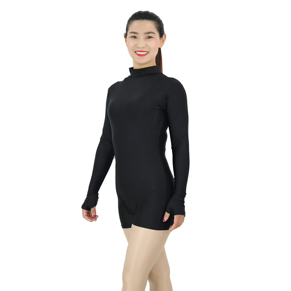 AOYLISEY Women Black Dance Shorty Unitard Turtleneck Long Sleeve Playsuit Gymnastic Women's Skinny Bodysuit with Shorts Costume