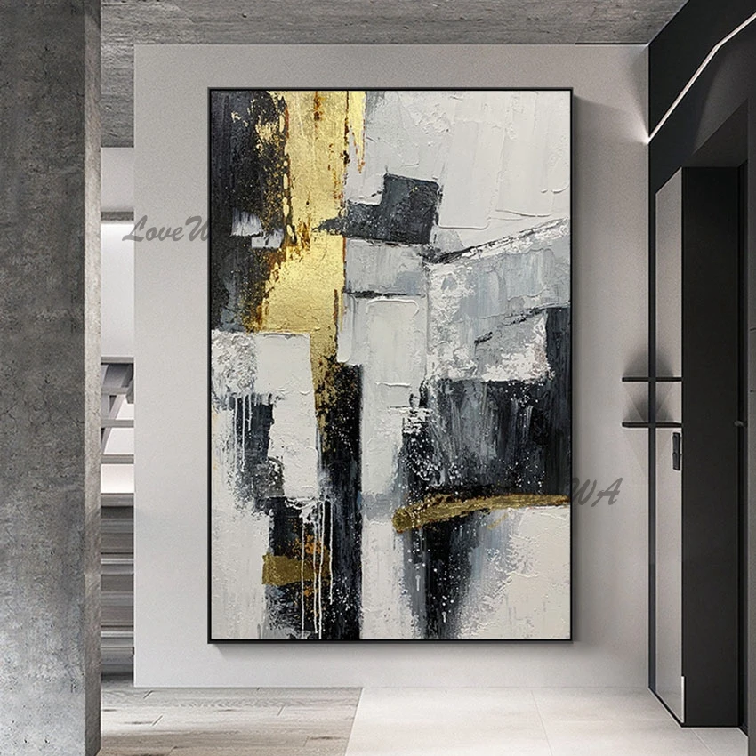 Modern Abstract Oil Painting Black White Add Gold Foil Wall Art Pictures For Hotels Home Decoration Pieces Artwork Canvas