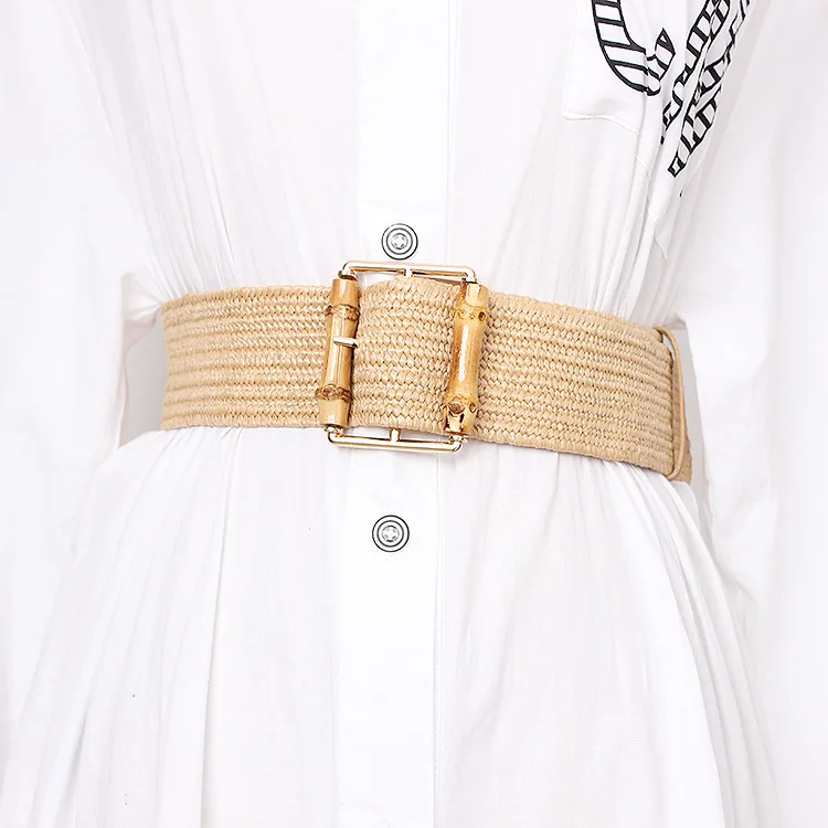 New Elastic Weaving Women's Belt Brand High Quality Bohemian Bamboo Needle Buckle Grass Knitting Dress Cintos Off White Belt