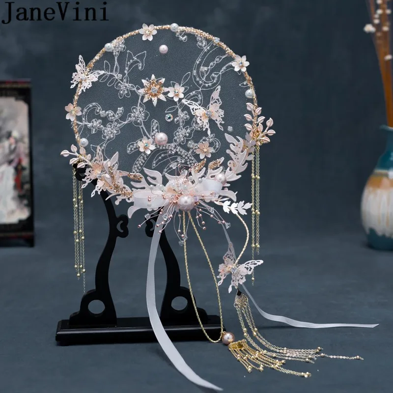 JaneVini 2021 Chinese Style Bridal Fan Wedding Bouquets Crystal Beaded Flowers Butterfly Bride Hand Accessories Tassel Bouquet