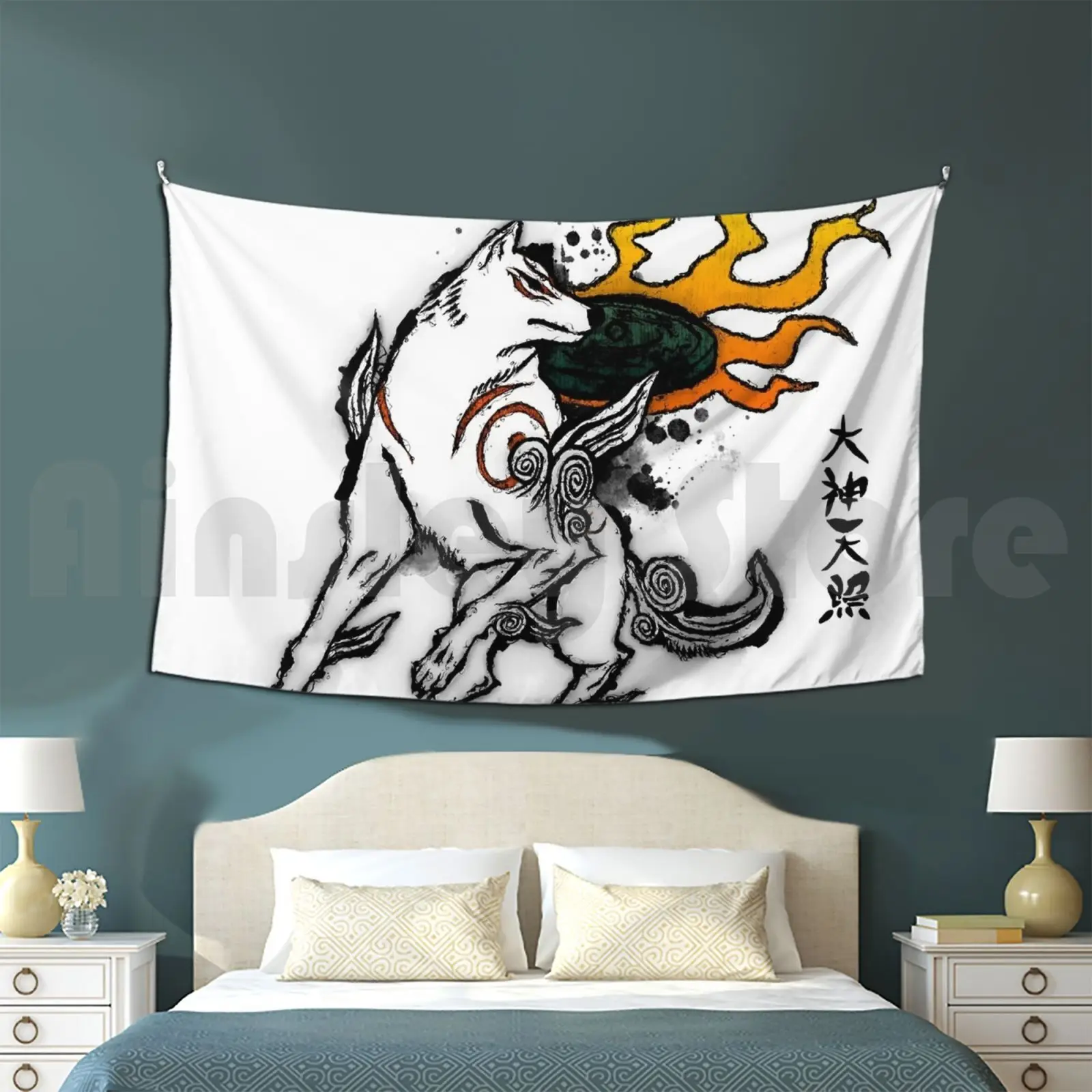 Amaterasu Ink Customized Tapestry Amaterasu Ink Wolf Okami Ookami Ammy God Goddess Wolves Shiranui Sun