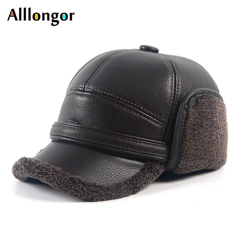 Leather Bomber Hats Men\'s Winter Earflap Hat Ushanka Head Hood 2024 Autumn Warm Faux Fur Wool Earflaps Baseball Cap Male Thicken