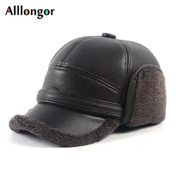 Leather Bomber Hats Men's Winter Earflap Hat Ushanka Head Hood 2024 Autumn Warm Faux Fur Wool Earflaps Baseball Cap Male Thicken