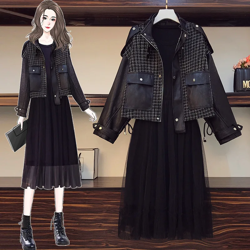 

2022 Spring Autumn New Korean PU Leather Stitching Thin Woolen Coat Jackets+Dress Women's Clothing Two-piece Suit D406