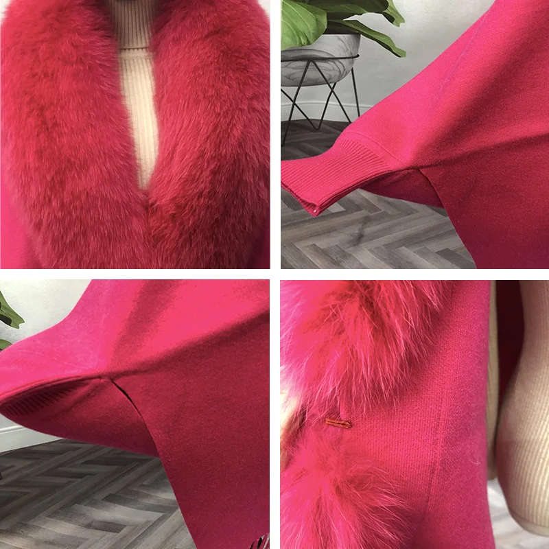 Winter Knitted Mink Pashmina Poncho Women Long Sleeve Fox Fur Collar Tassel Scarf Real Fur Femme Vintage Cardigan Coat Oversize