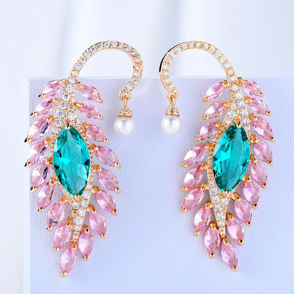 

missvikki Luxury Gorgeous CZ Feather Pearl Pendant Earring Curved Design Full Micro Cubic Zirconia CZ Prevent allergy 3 Colors