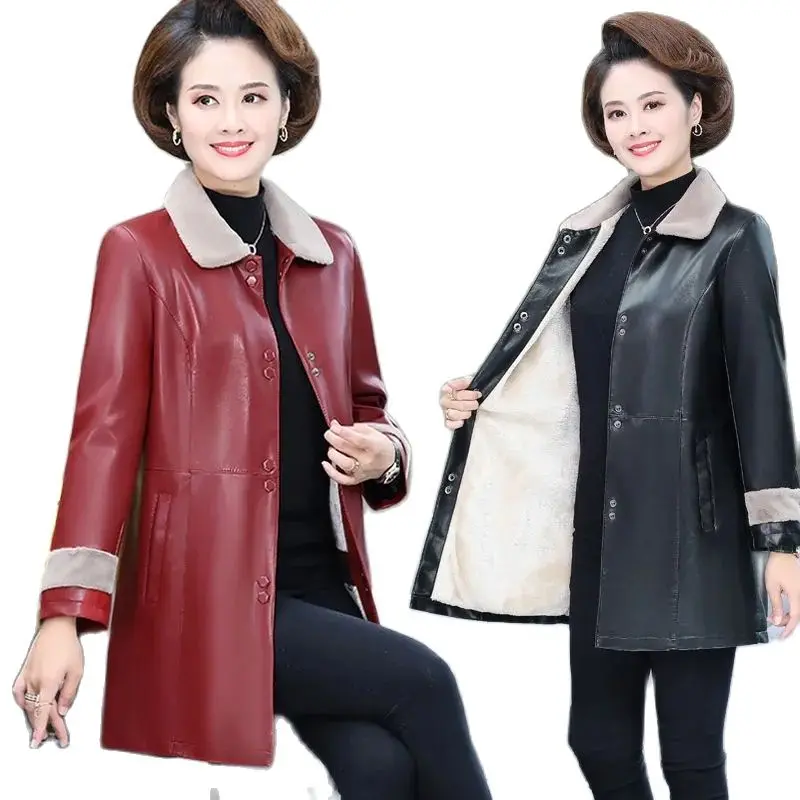 Middle-Aged Mother New Autumn Winter Mid-length Female Leather Trench Coat  Add  Velvet Thicken Loose Women's Leather Jacket 5XL