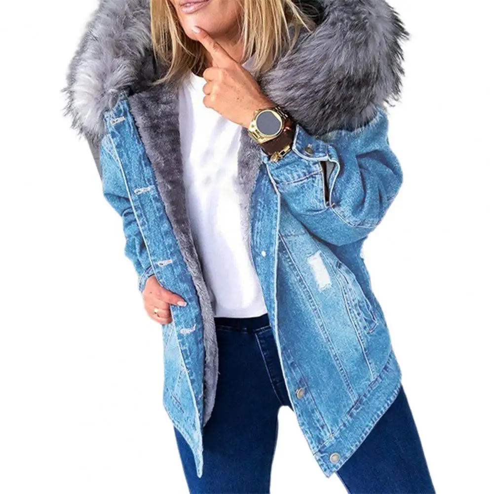 Loose Vintage Women Denim Jacket Coat Fur Hooded Plush Dilapidated Slim Mid-length Warm Jacket 2022