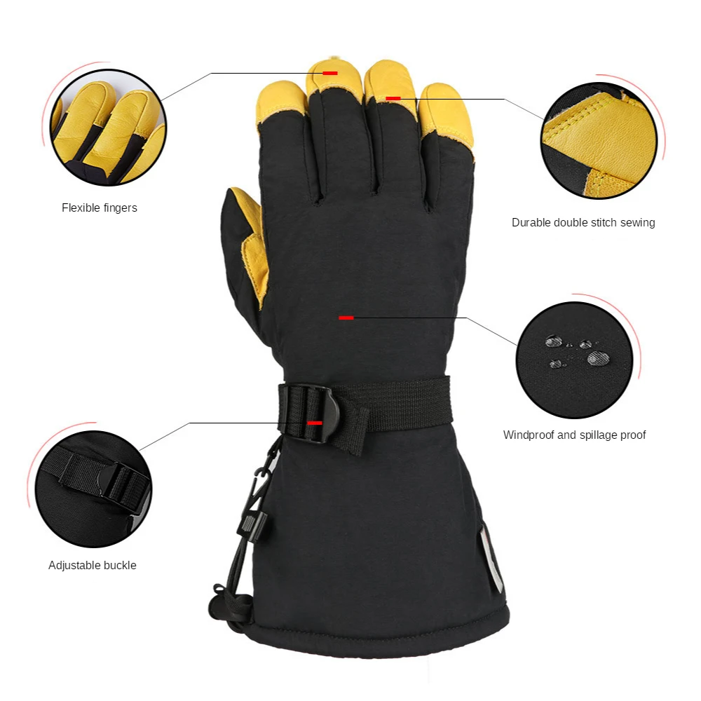 Cowhide Long Warm Ski Gloves Five-finger Waterproof Windproof Winter Snowboard Gloves Motorcycle Cycling Snow Mittens