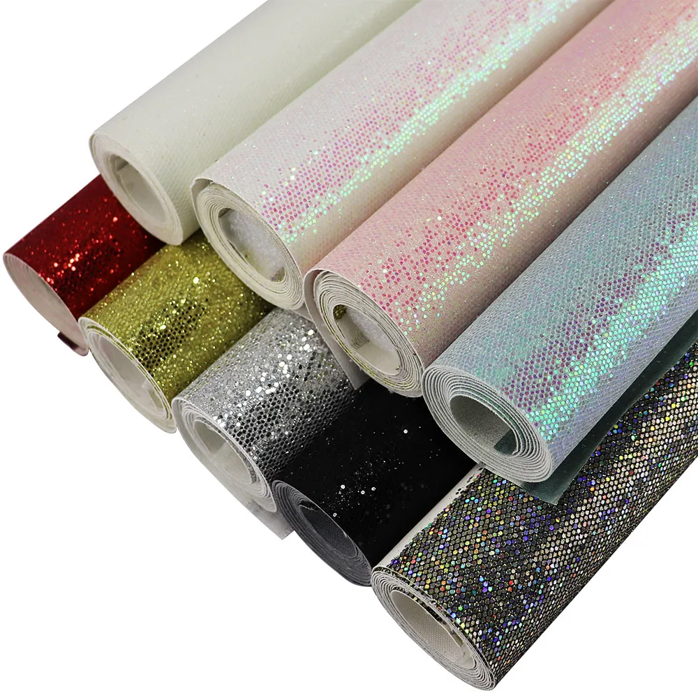 Plain Color Solid Mesh Chunky Glitter Fabric Faux Synthetic PU Leather For Earring Bow Craft Christmas DIY Sewing CN101