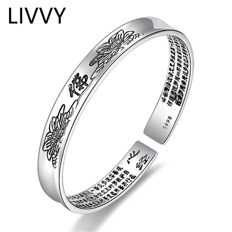 LIVVY New Arrived Thai Silver Color Lotus Pattern Sutra Cuff Bracelet for Women Religious Accessorie Fashion Simple Jewelry