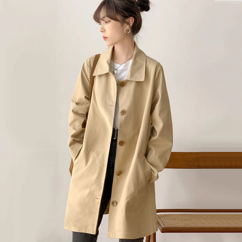 

Single-Breasted Mid-Length Trench Coat Female Korean Basic Spring Autumn Casual Windbreaker Outerwear Student Coat Khaki Black