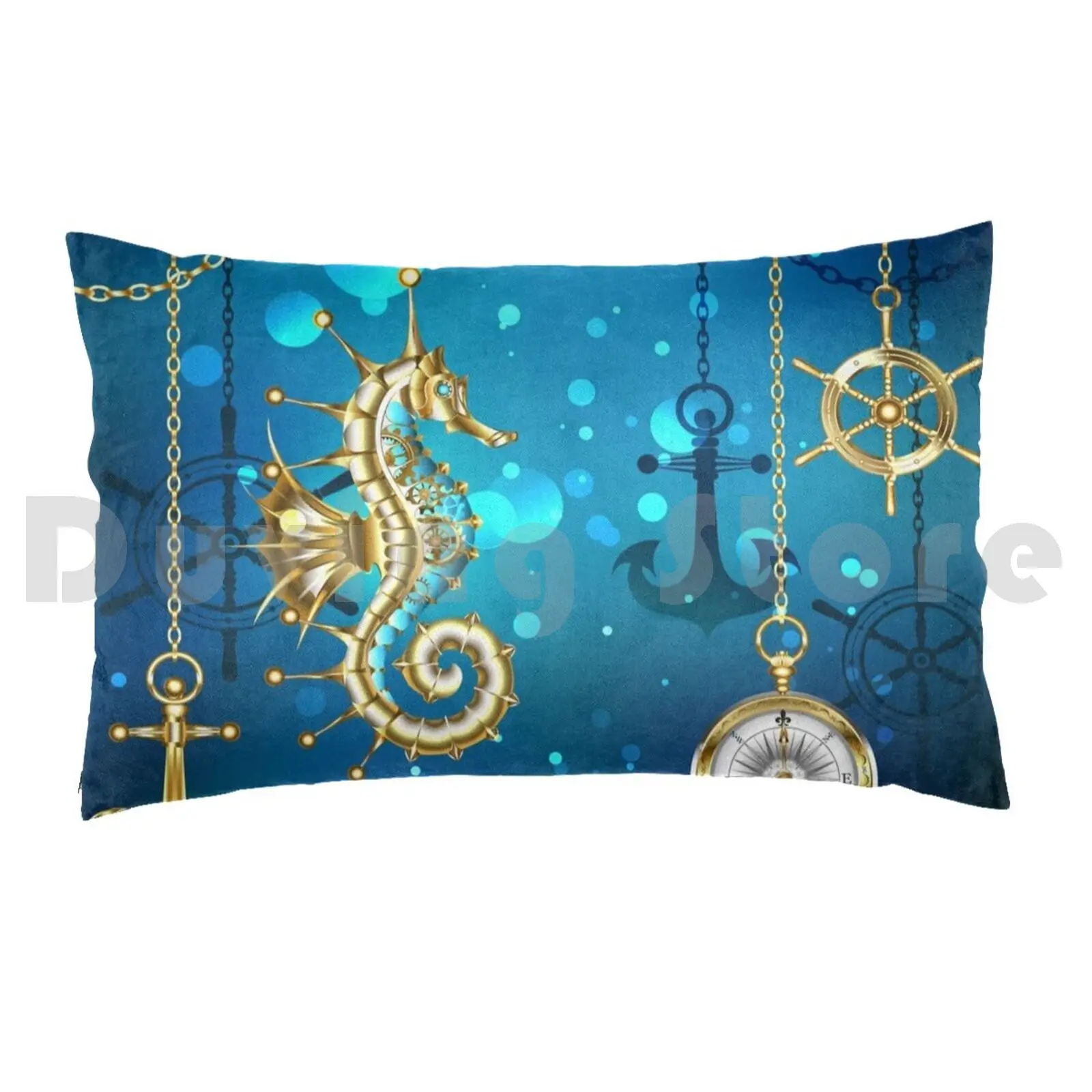 Submerged Mechanical Seahorse Pillow Case Printed 50x75 Seahorse Anchor Fish Clockwork Mechanism Compass