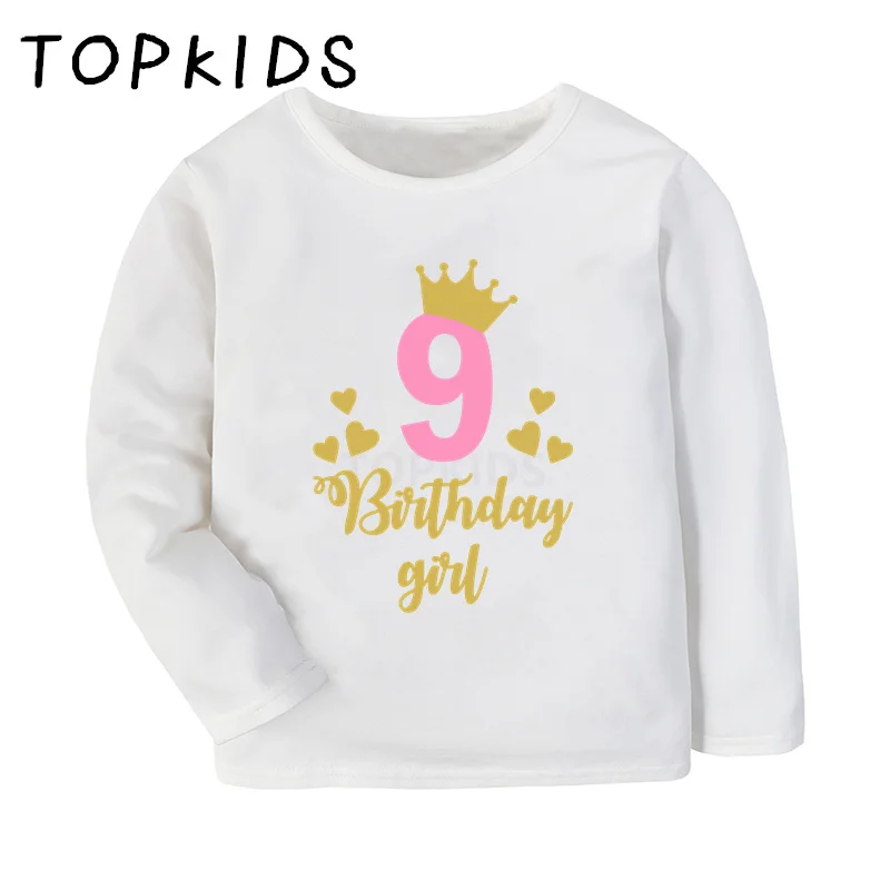 Birthday Princess Girls T-shirts 1 2 3 4 5 6 7 8 9 Years Birthday Party Kids Clothes Children T shirt Baby Long Sleeve Tops Gift