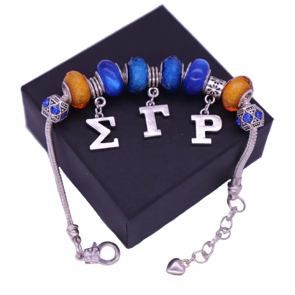 Greek Letter Sorority Yellow Blue Sigma Gamma Rho Big Hole European Beads Society Bracelet Bangles School Association Jewelry