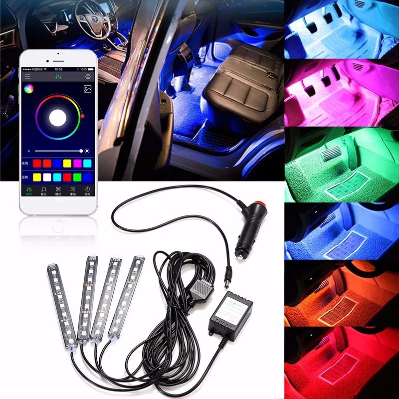 

4x 9LED LED Strip Light Interior Lights Multicolor RGB Atmosphere Neon Lamp Under Dash Lighting Kit with Remote Control