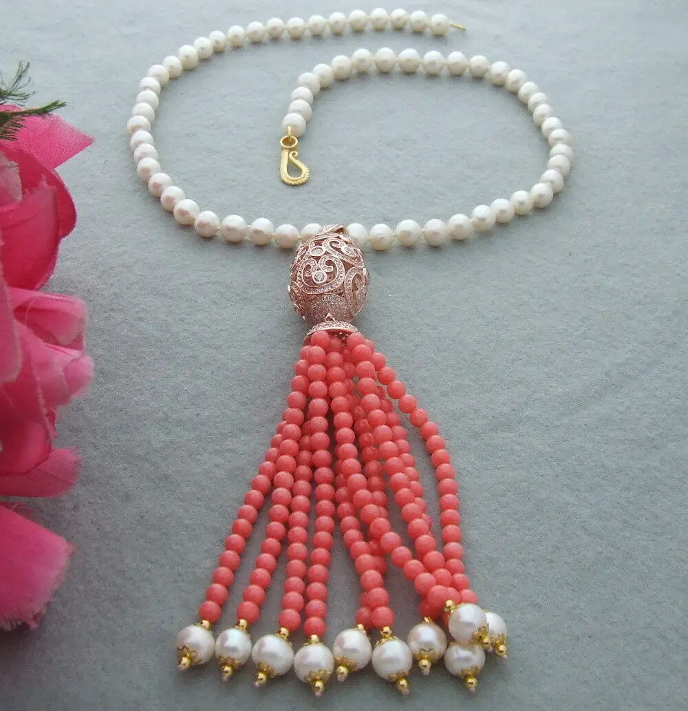 21'' 8-9mm freshwater Pearl&Coral Necklace