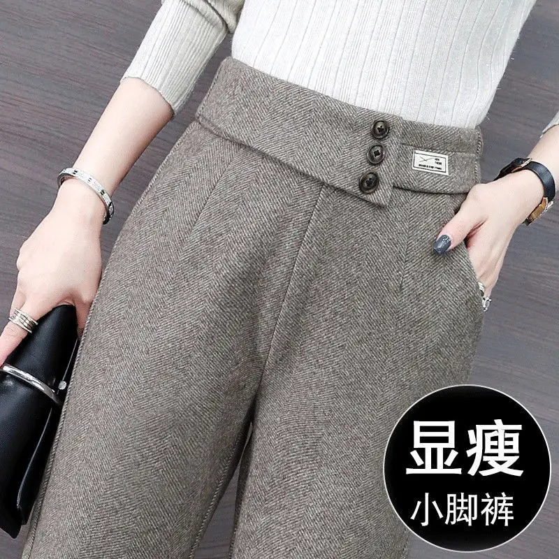 

Herringbone Pattern Woolen Pants Women's High Waist Baggy Trousers Harem Pants Elastic Waist Fashion Temperament Women's Pants