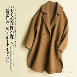 2023 Autumn Winter Women Woolen Coat Turn Down Collar Double Breasted 100% Wool Coat Camel Women Warm Coat Casaco Feminino P1066