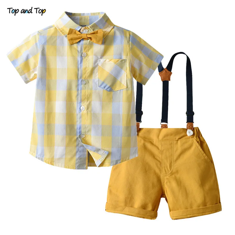 Top and Top New Baby Kids Boy Gentleman Clothing Sets Short Sleeve Plaid Bowtie Shirt Tops+Overall Pants Formal Outfit 12M-5Y