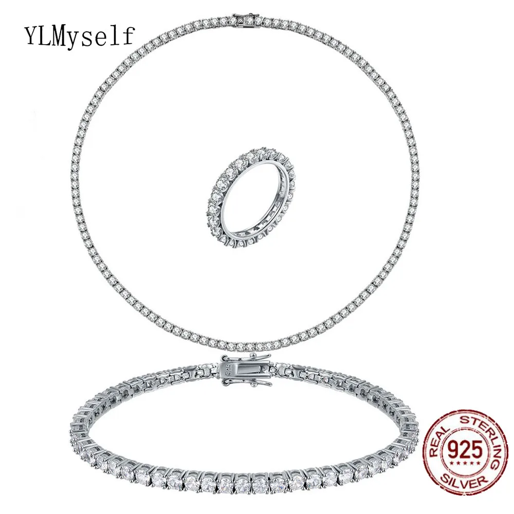 Solid 925 Sterling Silver Tennis Necklace(41-55CM, 16-22 Inch) Bracelet(15-21CM) Ring Set With Shiny 3mm Zircon Jewelry sets