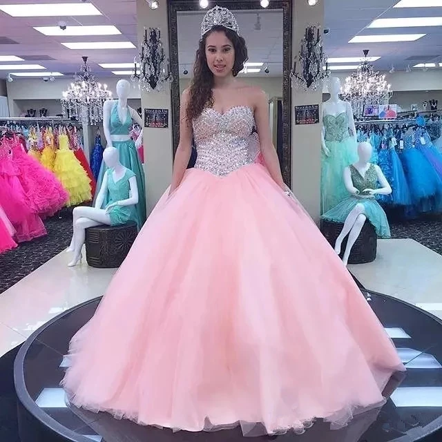 

Angelsbridep Sweetheart Ball Gown Quinceanera Dresses 15 Party Sparkly Crystal Tulle Masquerade Birthday Gowns Plus Size Lace-up