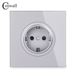 Coswall Crystal Glass Panel 16A EU Standard Wall Power Socket Outlet Grounded With Child Protective Lock Grey Gray R11 Series