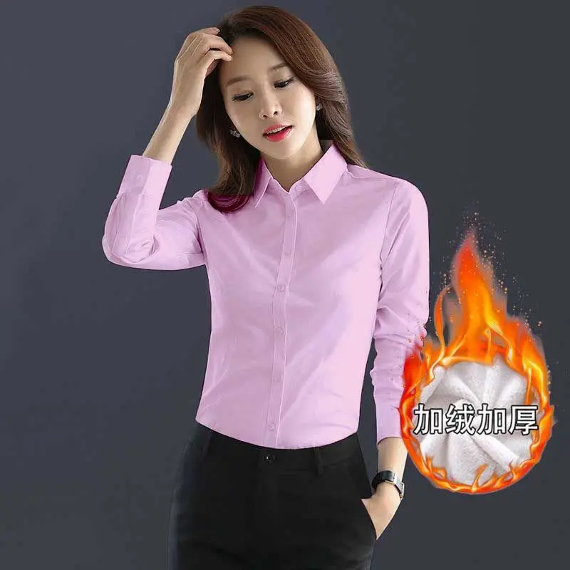 8XL Winter Women Thick Fleece Shirt 2024 Solid Female Long Sleeve White Fleece Work Shirt Tops Blouse Autumn Clothes