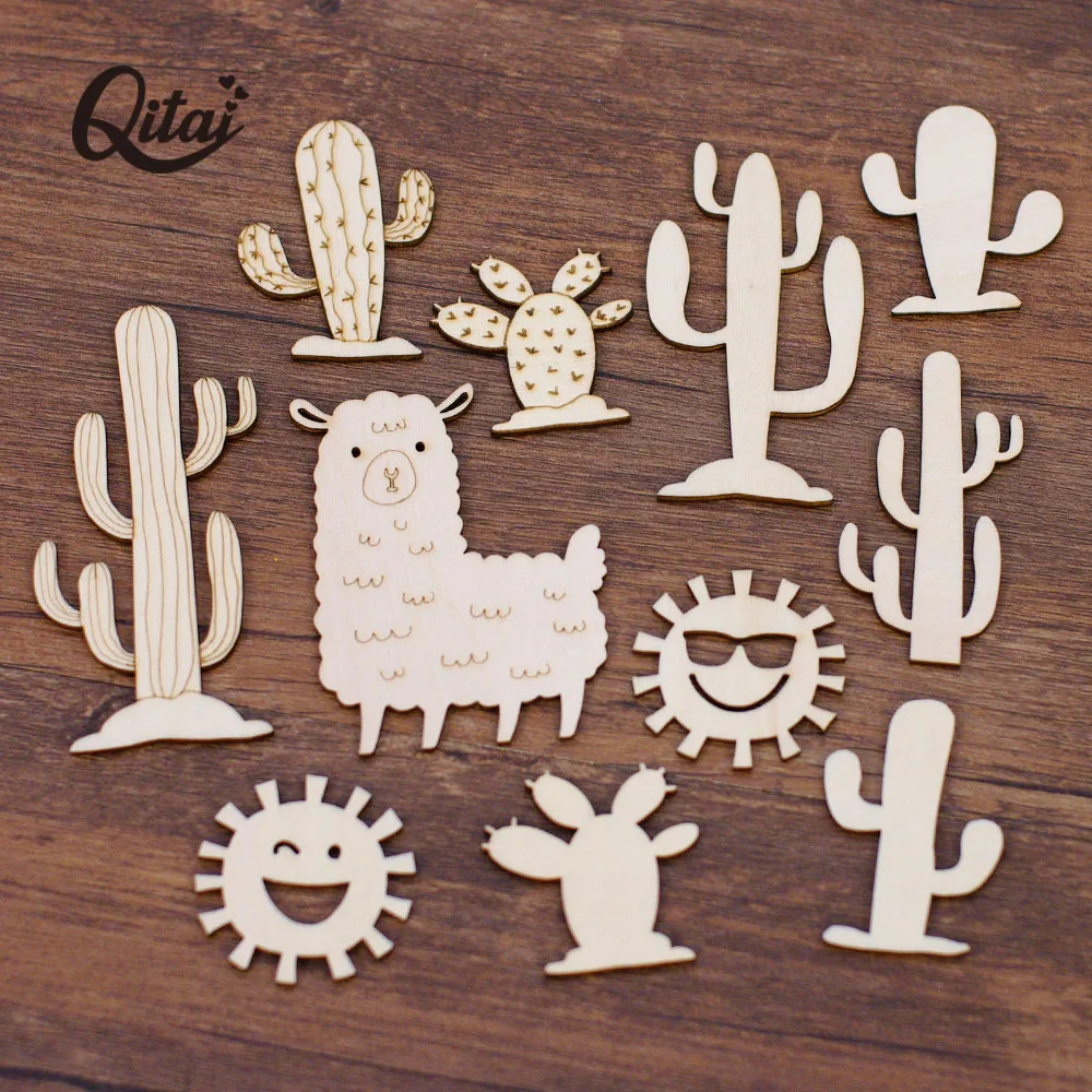 Wooden Cactus Alpaca Smiling Face QITAI 22PCS/BOX  DIY scrapbooking Craft Decoration ornamentation Gift Home Decorative WF321