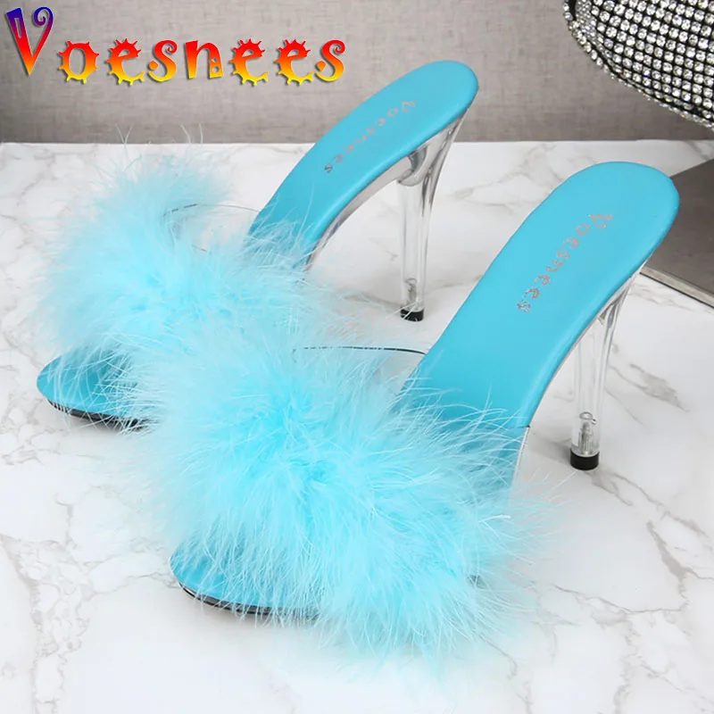 Transparent Fur Slides Women Shoes 2021 New Design Summer Fluffy Feather Stiletto Shoes 11CM Sexy Transparent PVC Jelly Sandals