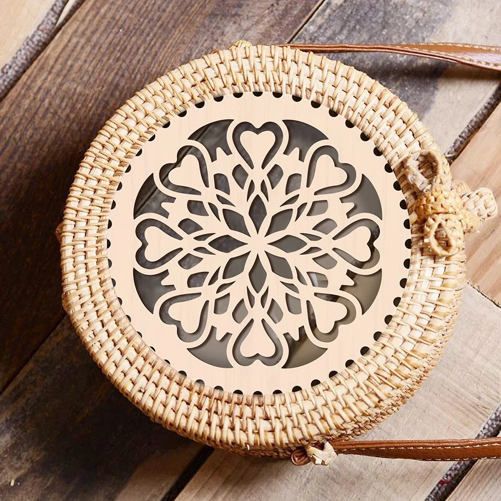 2Pcs 20cm Natural Wooden Basket Bottom Heart Circle Blank Hollow Crochet Basket Wood Base for DIY Knitting Bag Making Weaving