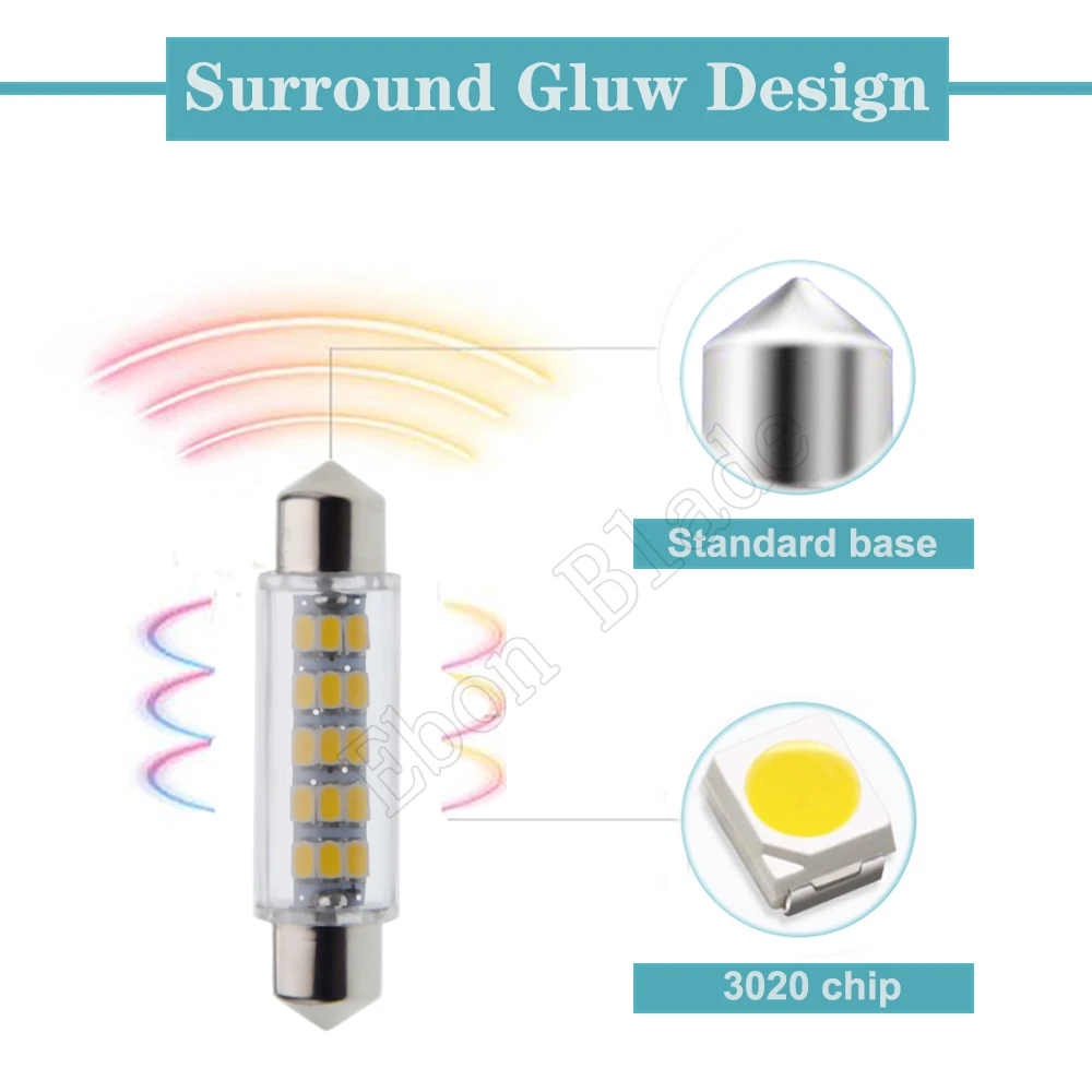 2Pcs 44mm 1.73in LED Car Interior Dome Map Festoon Lamp License Plate Light Trunk Bulb C5W C10W 3020 15 SMD 12V DC Warm White