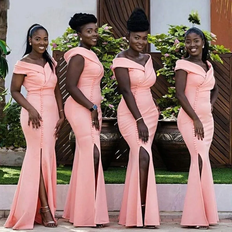 

Coral Bridesmaid Dresses Off The Shoulder African Side Slit Mermaid Wedding Party Bridemaid Gowns With Buttons