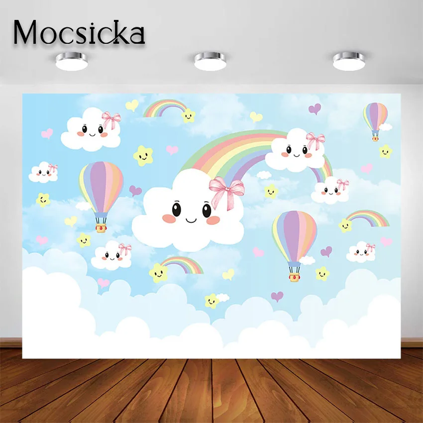 

Mocsicka Watercolor Rainbow Backdrop Blue Sky Clouds Smiley Rainbow Magical Birthday Party Decorations Photography Backfround