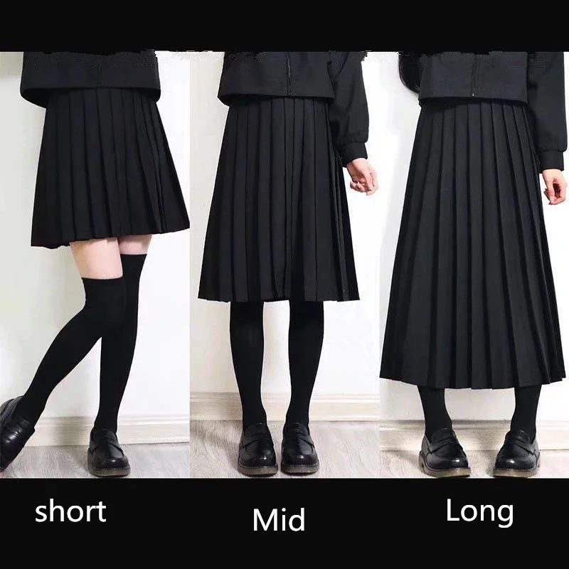 Elastic Waist Japanese Student Girls School Uniform Solid Color JK Suit Pleated Skirt Short/Middle/Long High School Dress