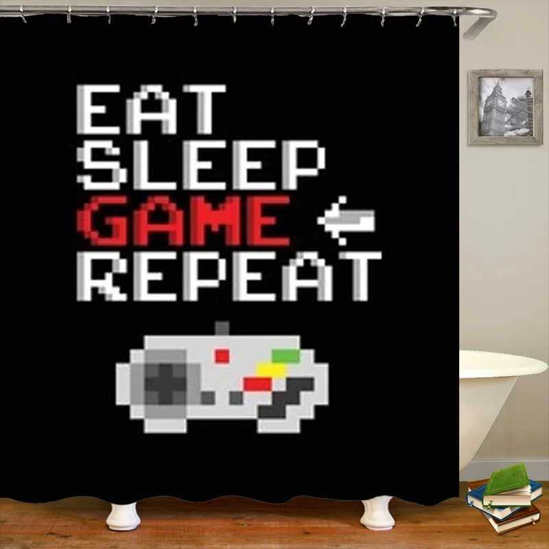 Eat Sleep Game Repeat Cool Shower Curtains for Gamer Funny Video Game Gaming Bath Curtains Bathroom Accessories Home Decor Gifts