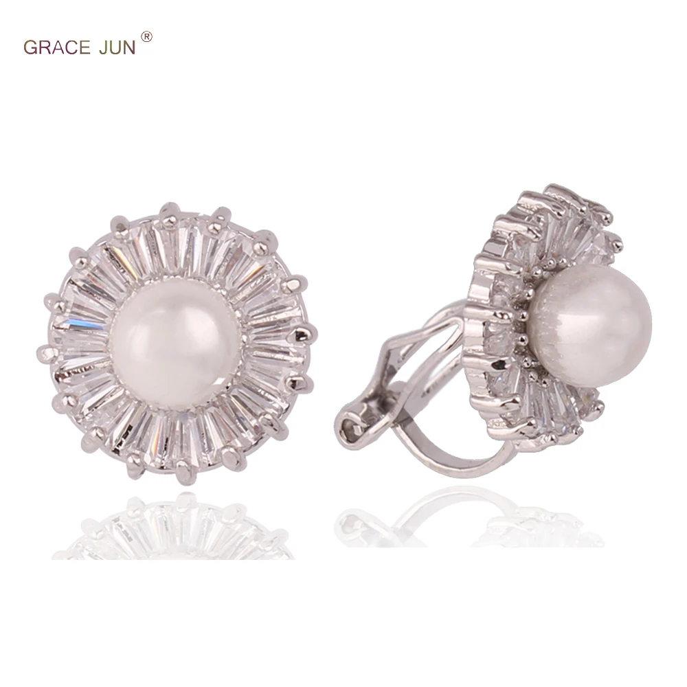 GRACE JUN New Flower Clip on Earrings No Pierced Gorgeous Bride Wedding Earrings Jewelry Elegant CZ Pearl Ear Cuff  Bijouterie