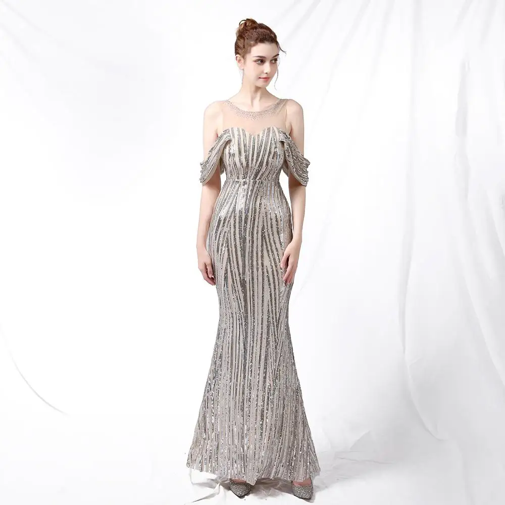 

Beige Striped Sequins & Diamonds O Neck Backless Sexy Elegant Dress Evening Party Wedding Wear Long Mermaid Dresses For Women