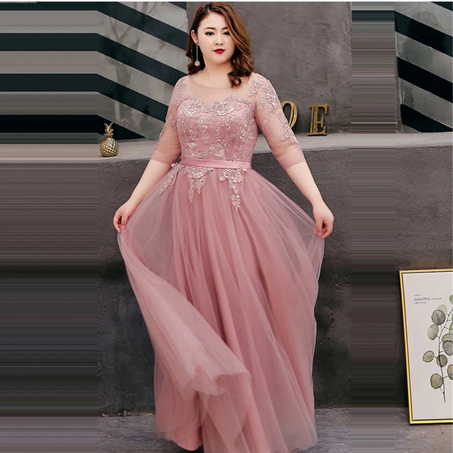 Evening Dresses Bean paste O-neck Floor Length  Robe De Soiree Short Sleeve Women Party Dresses 2019 Plus Size Formal Gowns T086