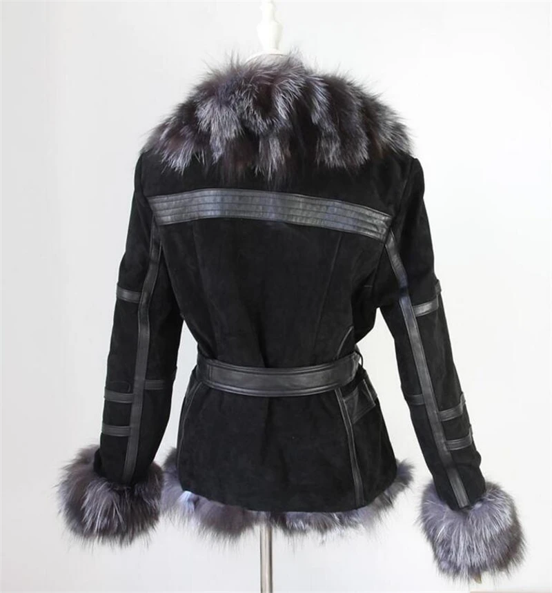 IANLAN décontracté hiver femmes réel manteaux de fourrure avec ceinture en cuir véritable veste argent renard fourrure col et manchette coupe IL00005