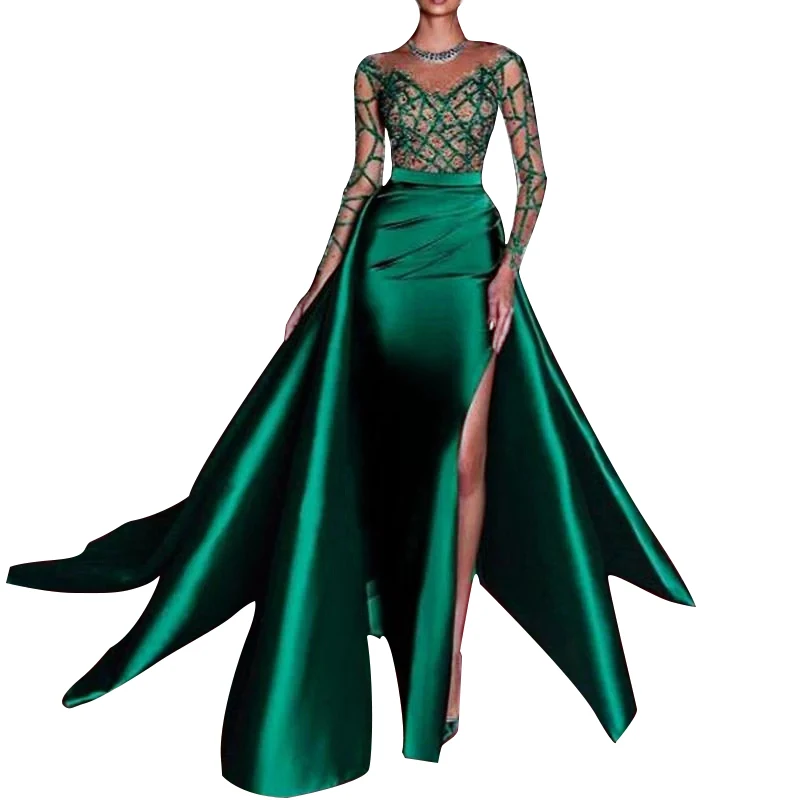 Elegant Mermaid Avondjurken 2022 Emerald Green Formele Jurk Volledige Lange Mouwen Satin Sexy Slit Parels Kralen Party Prom Jassen