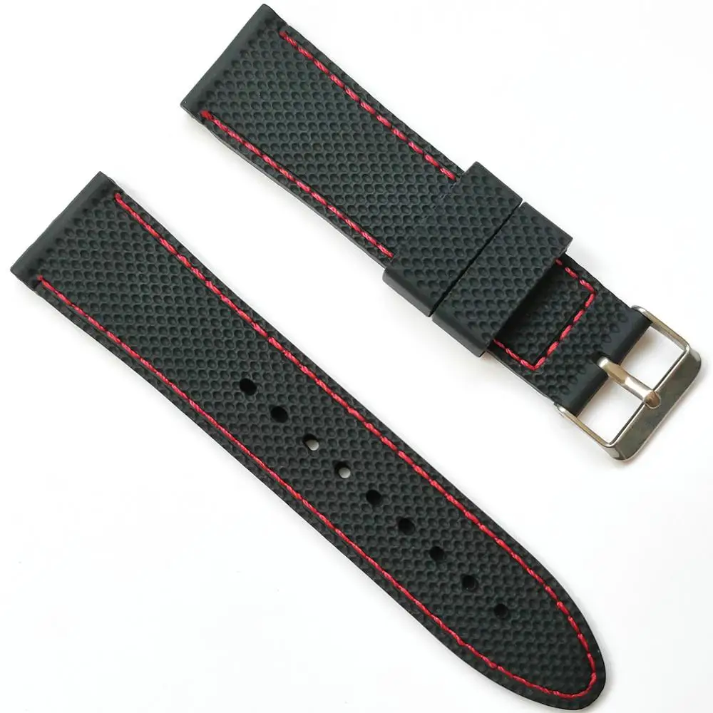 18mm 20mm 22mm 24mm Stitching Silicone Rubber Watch Band Soft Black Contrast Stitched Strap for Fashion Casual Watches