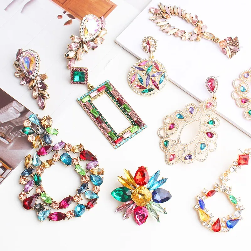 Fashion Rainbow Multi Color Rhinestone Dangle Earrings for Women Luxury Bohemian Colorful Glass Drop Earring Jewelry