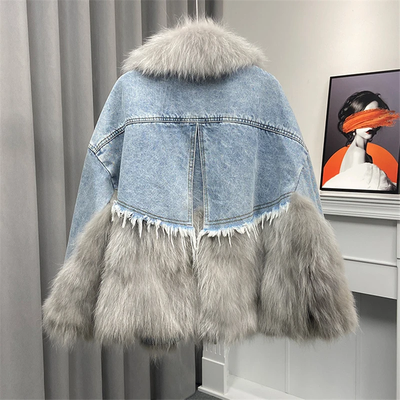 2023 Winter New Patchwork Fur Denim Parka for Women Fashion Chic Genuine Raccoon Fur Coat Lady Short Furry Jacket High Quality