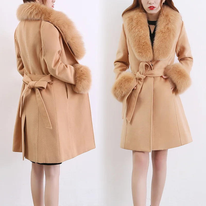 Autumn Winter Women\'s Woolen Coat New Fashion Fur collar Mid Long Outerwear Slim Large Size Pink Red Wool Coat Women Clothing