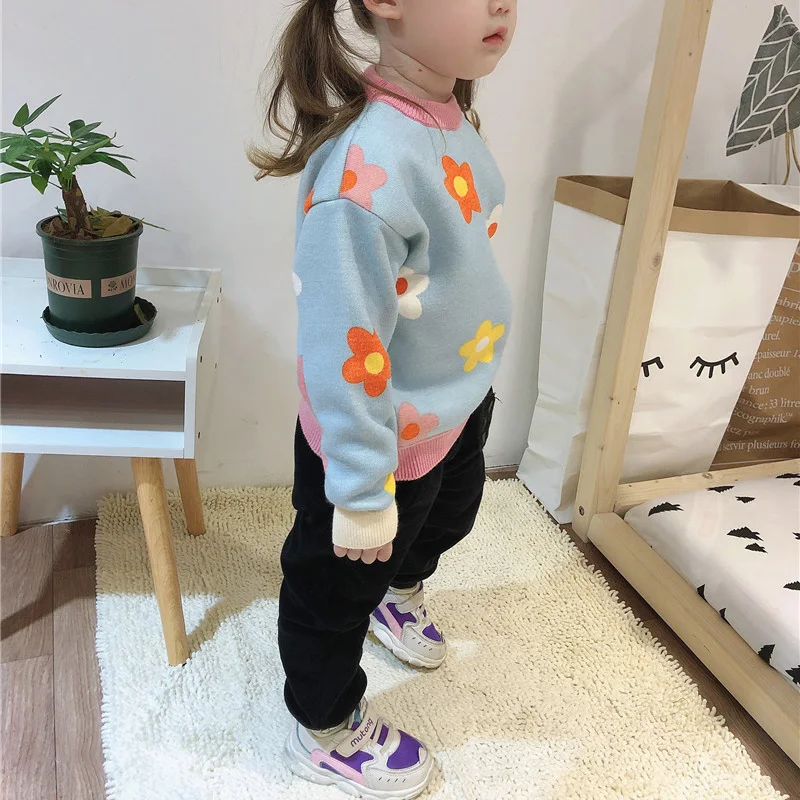 2024 Autumn Winter Girls Floral Knitted Sweater Baby Kids Thick Keep Warm Long Sleeve Tops Toddler Children\'s Pullover for Girls