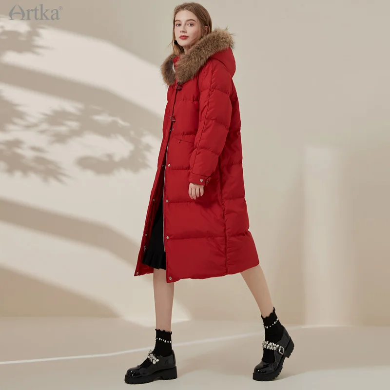 

ARTKA 2021 Winter New Women Down Coat Elegant Long Warm 90% White Duck Down Coat Raccoon Fur Collar Hooded Down Jacket YK20013D